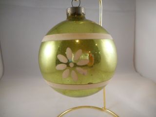 Vintage Mercury Glass Christmas Ornament Round Stamped Flowers Green 3 "