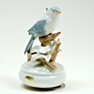 Vintage 5 " Porcelain Bluebird Music Box Japan Bird Perched Branch Flower
