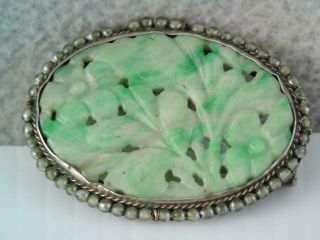 Vintage Chinesse Carved Green Jade Sterling Silver Pin Flower & Leaf Design