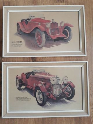 2 Vintage Classic Car Art Prints By Brian Powell,  Framed,  Lagonda & Alfa Romeo,