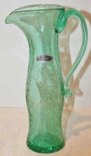 Vtg Mid Century Modern Blenko Glass Crackle Green Color Pitcher - Label - 10.  25 " - Euc