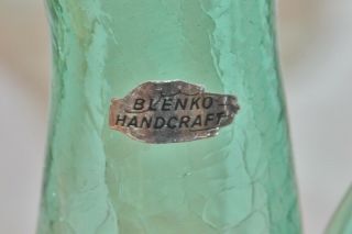 VTG Mid Century Modern Blenko Glass Crackle Green Color Pitcher - Label - 10.  25 