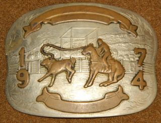 Vintage Cowboy Comstock German Silver Rodeo Belt Buckle - Calf Roping 1974