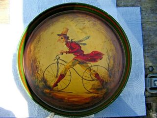 Signed Peter Ompir Folk Art Hand Painted Tin Tray Man On Bicycle Vintage Bike