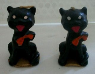 Two Vintage 1950 Gurley Novelty Black Cat W/ Orange Bow Tie Halloween Candles