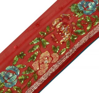 Vintage Sari Border Indian Craft Trim Sequins Embroidered Sewing Lace Deep Red