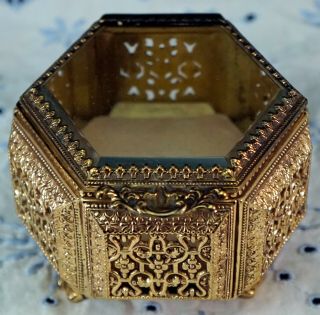Vintage Gilded Ormolu Casket Trinket Jewelry Box Beveled Glass Lid Hexagon