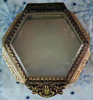 Vintage Gilded ORMOLU Casket Trinket Jewelry Box Beveled Glass Lid Hexagon 3