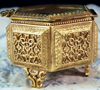 Vintage Gilded ORMOLU Casket Trinket Jewelry Box Beveled Glass Lid Hexagon 4