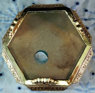 Vintage Gilded ORMOLU Casket Trinket Jewelry Box Beveled Glass Lid Hexagon 5