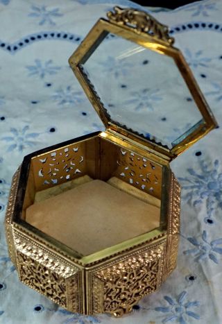 Vintage Gilded ORMOLU Casket Trinket Jewelry Box Beveled Glass Lid Hexagon 6