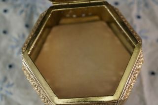 Vintage Gilded ORMOLU Casket Trinket Jewelry Box Beveled Glass Lid Hexagon 7