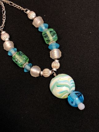 Vintage Venetian Murano Glass Beaded Necklace Silver Tone Blue Green 16” Long