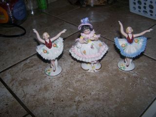 3 Vintage Dresden Germany Porcelain Lace Dress Figure Ballet Dancer 5 In