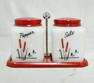 Vintage Milk Glass Tipp Salt & Pepper Set " Cat Tail " Design With Metal Holder