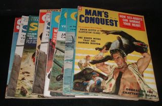 Lqqk 9 Vintage 1950s/60s Mens Magazines,  Cavalier,  Stag,  Mans Conquest,  Etc.