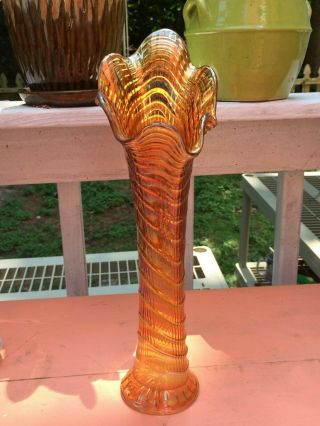 Vintage Marigold Carnival Art Glass Swung Ribbed Vase 14 " T Imperial Fenton Evc