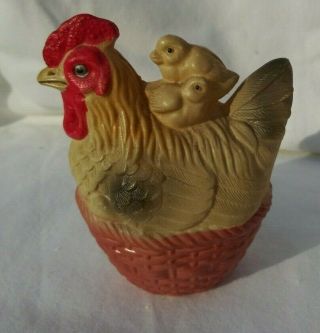 Vintage Easter Celluloid Plastic Rattle? Or Toy Hen On Nest With Baby Chicks