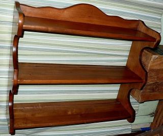 Vintage 3 - Tier Wood Wall Shelf W/ Plate Grooves.  Curved Accents On Top & Bottom