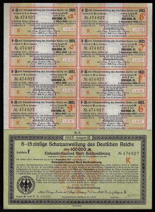 Vintage German 100,  000 Marks Bond 1923 W/ All Coupons 3