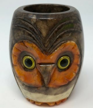 Vintage Alabaster Owl Hand Carved Cup Candle Holder Round Made In Italy
