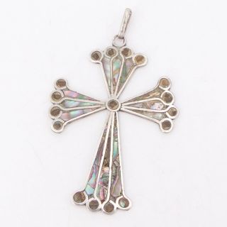 Vtg Sterling Silver - Mexico Taxco Abalone Inlay Cross Religious Pendant - 6g
