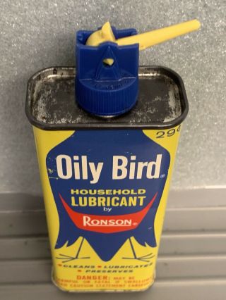 Rare Find 1963 Ronson Oily Bird 4 Oz Household Oil Can Vintage Handy Oiler Tin