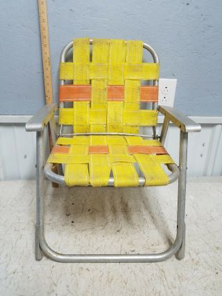 Vintage Childs 21 1/2 " Tall Folding Aluminum Lawn Chair Yellow / Orange Webbing