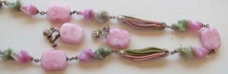Miriam Haskell Vintage Necklace Earrings Pink Green Art Glass & Satin Cord