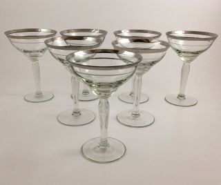 Vintage Champagne Wine Glasses 5 3/4 " Coupes Set Of 7 Double Silver Trim Bands