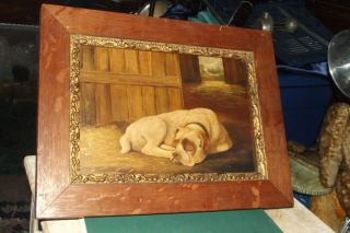 Antique Vintage Oil Painting On Wood Panel Dog In Barn In Oak Frame