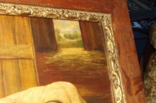 ANTIQUE VINTAGE OIL PAINTING ON wood panel DOG IN BARN in oak frame 3