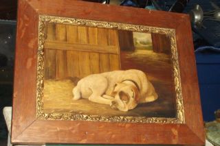 ANTIQUE VINTAGE OIL PAINTING ON wood panel DOG IN BARN in oak frame 6