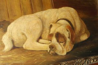 ANTIQUE VINTAGE OIL PAINTING ON wood panel DOG IN BARN in oak frame 7