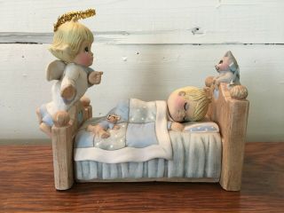 Vintage Ceramic Child In Bed W/ Teddy Bear Angel Kitten Wind Up Music Box