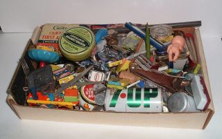 Junk Drawer Of Vintage Stuff,  Whistles,  Flute,  Tins,  Cars,  Pins,  Compass,  Etc.
