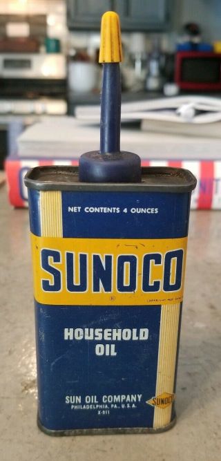 Vintage Sun Oil Sunoco Household Oil Can - Old 4 Oz Oiler Tin W/lid