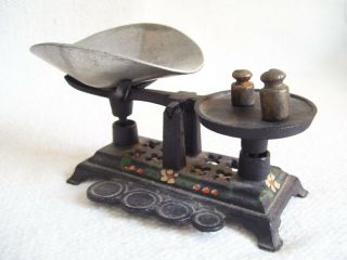 Vintage Cast Iron Handpainted Miniature Balance Scale With Weights