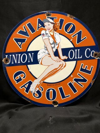 Vintage Aviation Pinup Gasoline Gas Station Porcelain Sign Marked “59”