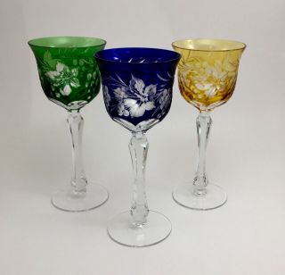 Vintage Bohemian Cut To Clear 8 1/4 " Crystal Hock Wine Glasses Set Of 3 Grapes