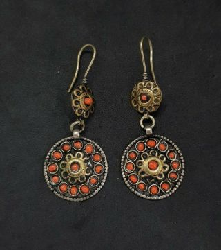 Vintage Turkman Silver And Gold Plated With Coral Earring Qw1