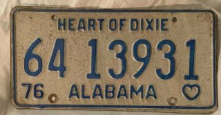 Vintage 1976 Alabama License Plate Heart Of Dixie