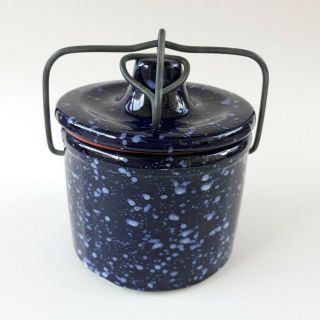 Vintage Dark Blue Speckled Stoneware Cheese Butter Crock Wire Bale Clasp
