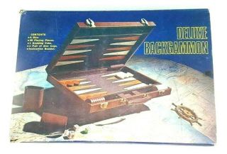 Vintage Backgammon Deluxe Leatherette Brown Case Set Large 15”x18.  5” Complete
