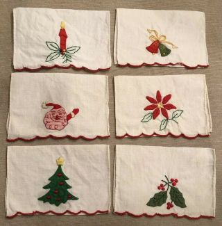 Six Vintage Hand Embroidered Christmas Holiday Cocktail Linen Napkins