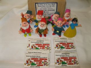 Vintage Disney Flocked Snow White And The Seven Dwarfs Christmas Ornaments