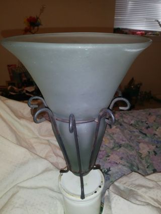 Trumpet Art Deco Vase Vintage Hand Blown Frosted Glass Iron Footed 10”