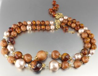 Vintage 50’s Brown Multi 2 Strand Crystal Glass & Faux Pearl Bead Necklace