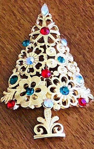 Vintage Corel Gold Tone Rhinestone Christmas Tree Pin Multicolor Stones