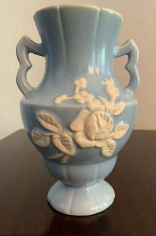 Vintage Weller Pottery Cameo Vase,  Blue White Violet Pattern,  Double Handled